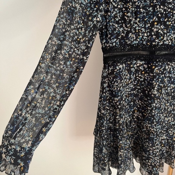 Donna Morgan Jade Black Small Floral Print Long Sleeves Ruffles Zip Dress Size 4 - Picture 7 of 11